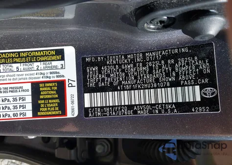 2017 Toyota Camry Se из США, поврежденный, VIN 4T1BF1FK2HU381078